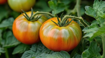 Fresh, ripe red tomatoes growing in an organic greenhouse garden, ready to harvest. 