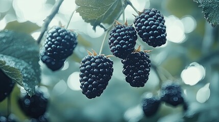 Fresh, ripe wild blackberries hanging from branches. -