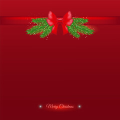 Vector Christmas background, greeting card with fir branches, red satin bow, snow elements and space for text