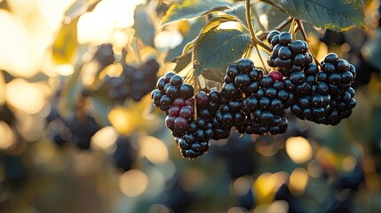 Fresh, ripe wild blackberries hanging from branches. -