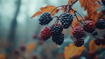 Fresh, ripe wild blackberries hanging from branches. -