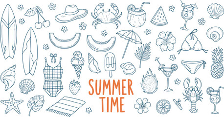 Fototapeta premium Summer vacation doodle illustration set. Beach and sea travel elements
