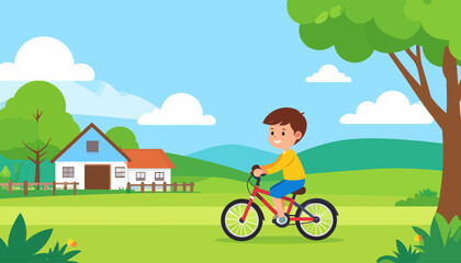 Naklejka premium A smiling cartoon boy in a yellow shirt and blue shorts riding a red bicycle.