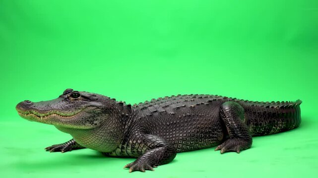 Realistic alligator on green screen background with detailed scales and textures, concept for documentary footage, educational content and wildlife film making