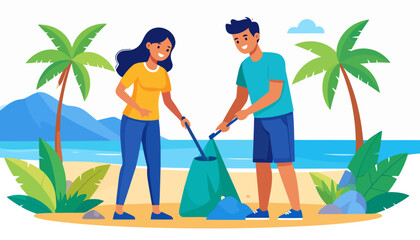 Happy young couple volunteering, cleaning a tropical beach together with grabber tools and a trash bag.