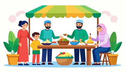 Smiling Muslim family and vendors sharing food at a colorful market stall