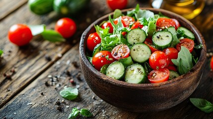 Fresh Salad Bowl with Cucumbers, Cherry Tomatoes, Greens, Herbs, and Olive Oil on a Rustic Wooden Table 