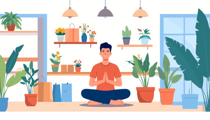 A calm young man in a lotus pose meditating peacefully at home, surrounded by lush green indoor plants.