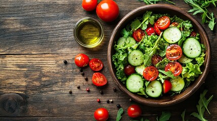 Fresh Salad Bowl with Cucumbers, Cherry Tomatoes, Greens, Herbs, and Olive Oil on a Rustic Wooden Table 