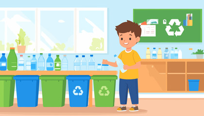 Smiling cartoon boy in a yellow shirt and blue pants holding a plastic bottle to recycle.