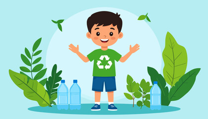 Smiling cartoon boy with dark hair wearing a green t-shirt with a white recycling symbol, standing with open arms.