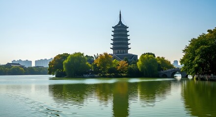 Multi-tiered dark pagoda on island surrounded by green water and trees temple architecture
