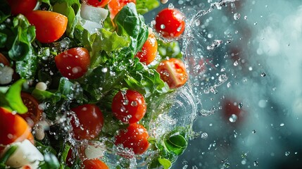 Fresh salad ingredients moving dynamically, illustrating the concept of culinary creativity. 