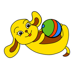 small cute dog happily playing with ball lying on back