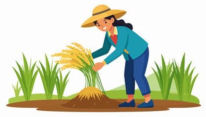 A cheerful woman farmer wearing a blue jacket and straw hat, harvesting ripe rice in a field.