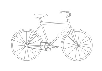 Fototapeta premium Bicycle drawing. It is a black and white outline image of a bicycle, a common two-wheeled vehicle also known as a bike or cycle. Vector sketch line art draw.