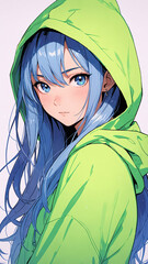 Anime girl with long, blue hair and big blue eyes, wearing a bright green hoodie