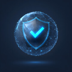 Protection. Healthcare. Insurance. Cyber security. Network safety. Protection shield with Check mark icon inside transparent sphere shield with hexagon pattern on blue background. Vector illustration 