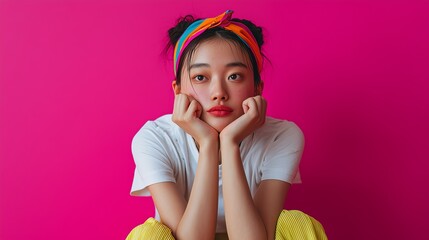 Young woman with colorful headband ponders against vibrant pink background, capturing a moment of contemplation and expression.