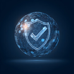 Protection. Healthcare. Insurance. Cyber security. Network safety. Protection shield with Check mark icon inside transparent sphere shield with hexagon pattern on blue background. Vector illustration 