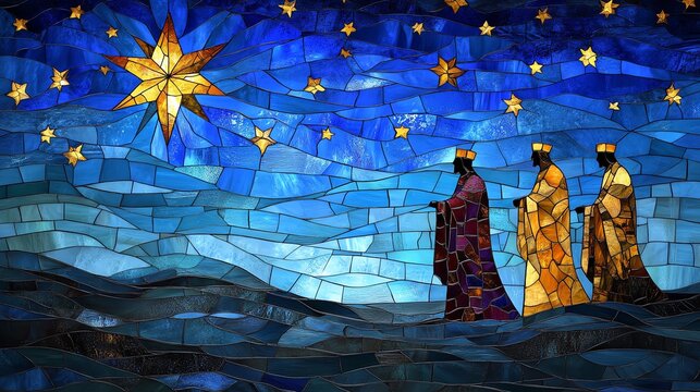 Stained glass-style image of the Three Wise Men standing under a starry sky, bearing gifts for the newborn Jesus. A bold, vibrant nativity scene ideal for Christmas decor and religious media