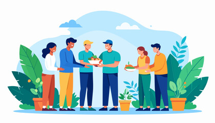 Happy diverse community of people sharing bowls of fresh organic food from a harvest.