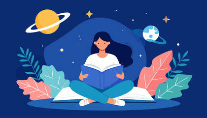 A dark-haired woman sits cross-legged on a giant open book, engrossed in reading.