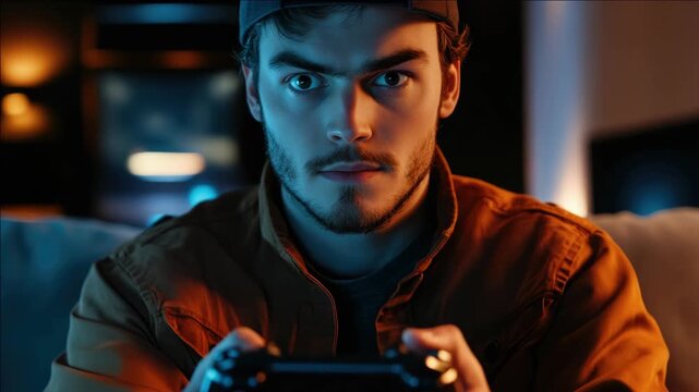 Young man immersed in a video game with a focused gaze.