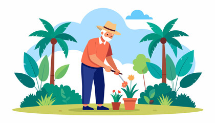 Elderly man with a white beard and straw hat tending to potted flowers in a garden.