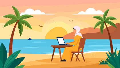 A woman in a white hijab and yellow dress working on a laptop at a wooden desk.