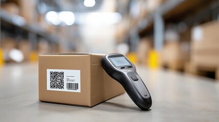 Warehouse worker scanning package with barcode reader in distribution center