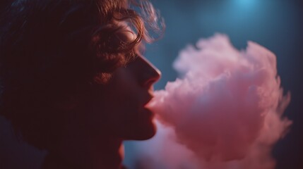 Silhouette of a person exhaling vibrant pink vapor against a dimly lit blue background, creating a dramatic effect.