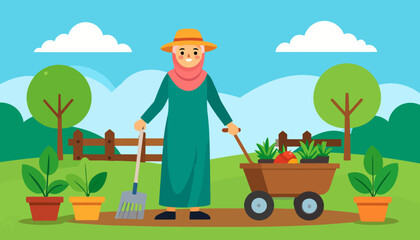 Happy Muslim woman in a pink hijab and straw hat gardening in a field.