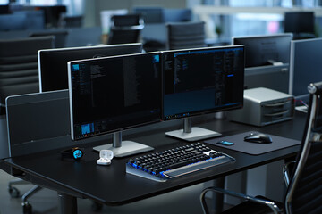 Dual computer monitors with keyboard and accessories
