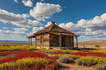 Rustic log cabin surrounded by colorful wildflowers wooden house red flowers
