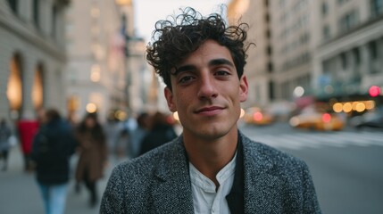 Casual young man with curly hair standing confidently on a bustling city street during daytime, expressing urban lifestyle.