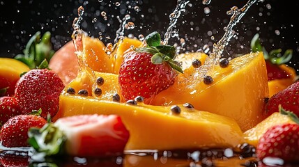Fresh Strawberries, Papaya, and Mango Splashing, Isolated on Transparent Background 