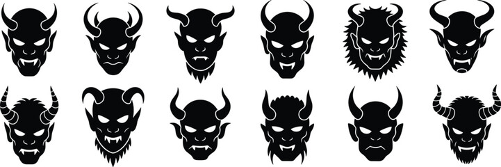 Demonic devil head silhouettes collection, horned evil faces vector set, spooky Halloween clipart bundle, dark fantasy monster icon illustrations