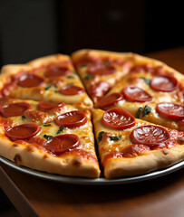 Hot Pepperoni Pizza with Melted Cheese and Crispy Crust on Rustic Plate