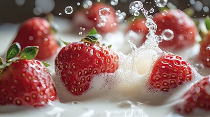 Fresh Strawberries Splashing in Creamy Milk with Effervescent Bubbles 