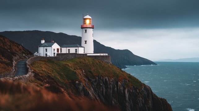 Majestic lighthouse standing on a cliff during a stormy sunset, with waves crashing below - Powered by Adobe