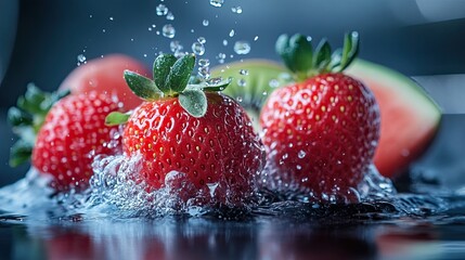 Fresh strawberries, watermelon, and kiwi with a splash of water. 