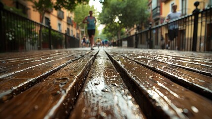 A low-angle shot of a group of runners during a city marathon or morning jog. The focus is on the wet wooden boardwalk, reflecting the streetlights and creating a dynamic, atmospheric feel of motion a