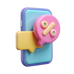 3d mobile phone with percentage discount notification and chat bubble isolated on transparent background