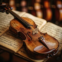 Naklejka premium An elegant close-up of a vintage violin with intricate carvings resting on sheet music. The warm, soft lighting highlights the rich wood grain and classic beauty, evoking a sense of musical history