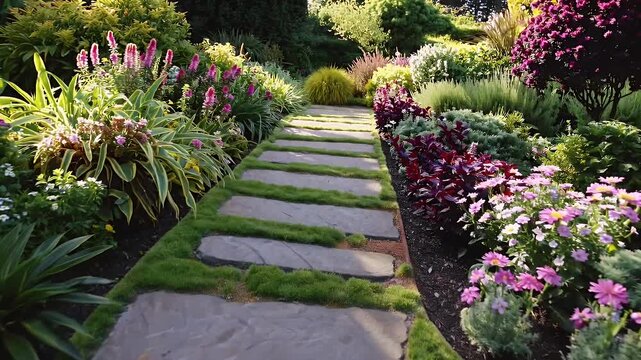 a peaceful landscaped garden path composed flat stone steps lush grass winds through flowering shrubs 4K footage perfect nature relaxation videos backyard design video