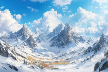 A picturesque winter landscape of snow-capped mountains.