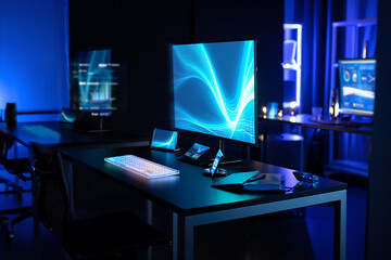 Futuristic blue glowing computer setup technology desk