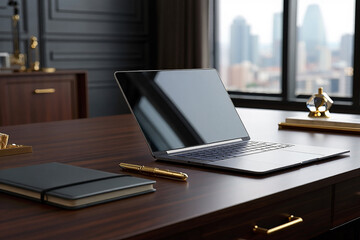 Modern office setup with laptop and cityscape notebook