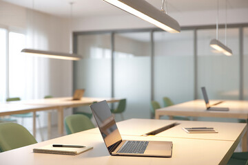 Modern office interior with laptops and chairs workspace
